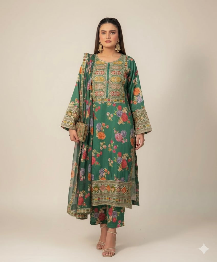 SAGE GREEN Embroidered 3 pc